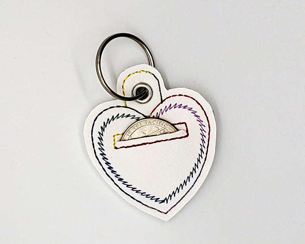 White (rainbow stitching) Heart Shaped Quarter Keeper - Coin Keeper