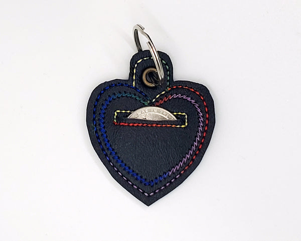 Black (rainbow stitching) Heart Shaped Quarter Keeper - Coin Keeper