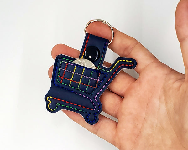 Grocery Store Quarter Keeper - Grocery Cart Quarter Holder Keychain - Navy with Rainbow Stitching