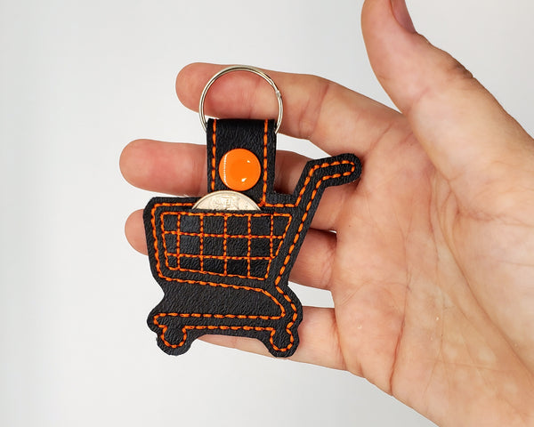 Grocery Store Quarter Keeper - Grocery Cart Quarter Holder Keychain - Black with Orange Stitching