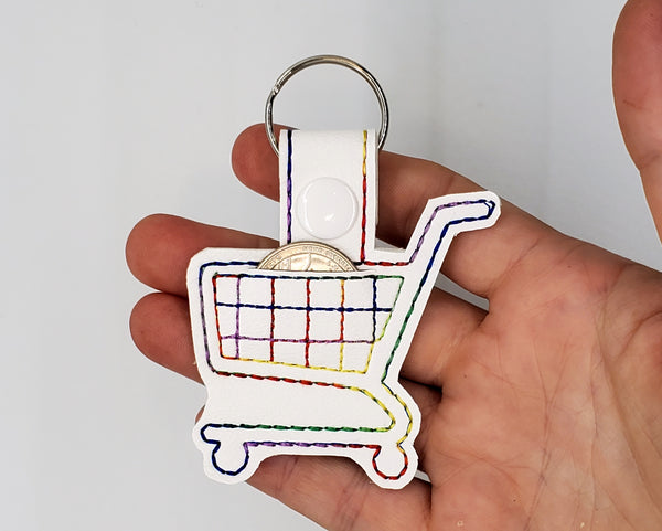 Grocery Store Quarter Keeper - Grocery Cart Quarter Holder Keychain - White with Rainbow Stitching
