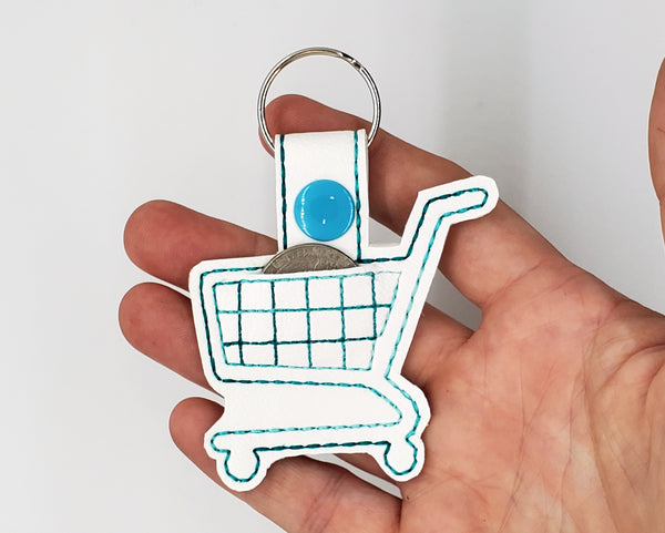 Grocery Store Quarter Keeper - Grocery Cart Quarter Holder Keychain - White with Teal Stitching