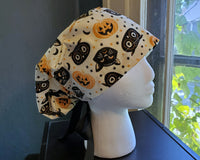 Fun Halloween Scrub Cap, Surgical Cap. Pixie/Ponytail Style. Covers long hair. Ready to Ship.