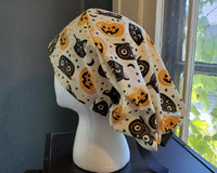 Fun Halloween Scrub Cap, Surgical Cap. Pixie/Ponytail Style. Covers long hair. Ready to Ship.