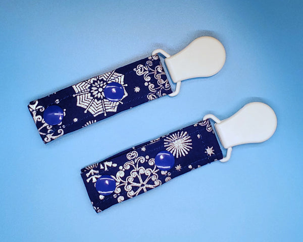 Blue with Silver Snowflakes Tubie Clip, Cord Clip. Ready to Ship.