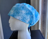 Blue Snowflakes Scrub Cap, Surgical Cap. Jessica Style with elastic. Covers long hair. Ready to Ship.