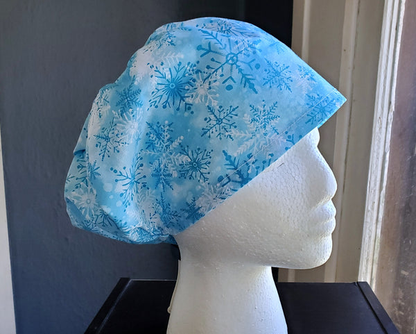 Blue Snowflakes Scrub Cap, Surgical Cap. Jessica Style with elastic. Covers long hair. Ready to Ship.