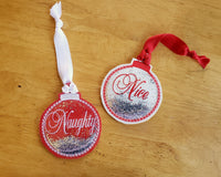 Naughty and Nice Embroidered Christmas Ornament Set