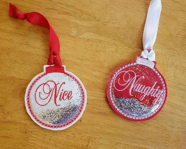 Naughty and Nice Embroidered Christmas Ornament Set