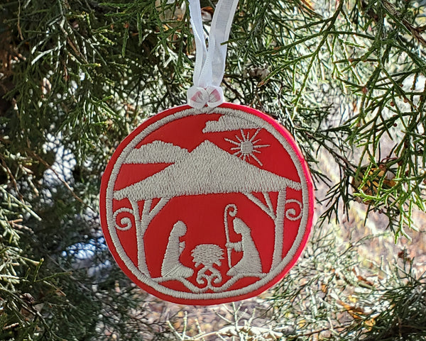 Nativity on Red Embroidered Christmas Ornament