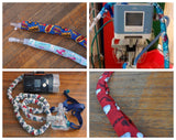 Photo collage of wide cord keepers in use over ventilator tubing, CPAP tubing, and dialysis tubing.